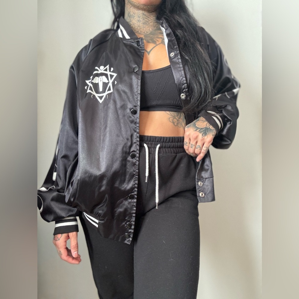 Stylish Black Satin Varsity Jacket for Women